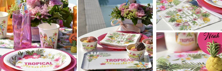 Belle décoration de table anniversaire ambiance tropicale multicolore